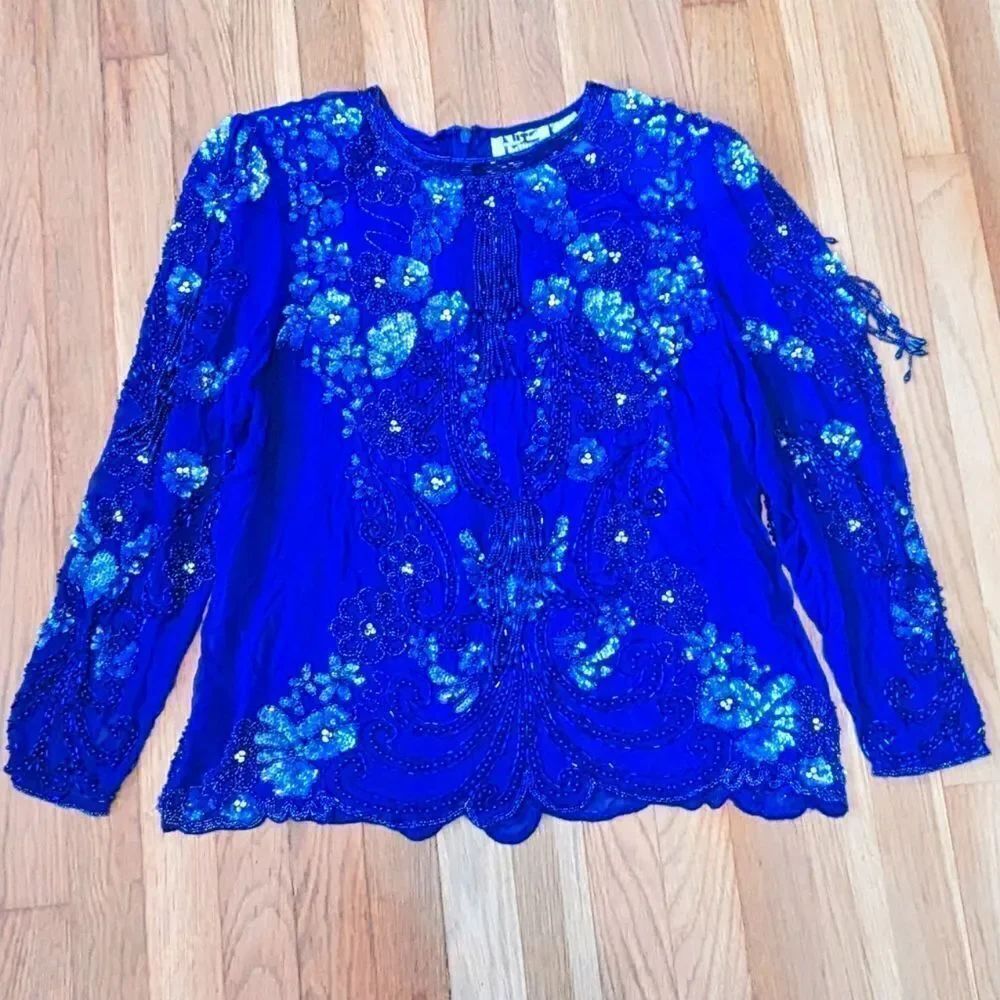 Silk fully beaded floral long sleeve blue blouse shirt top vintage nite line